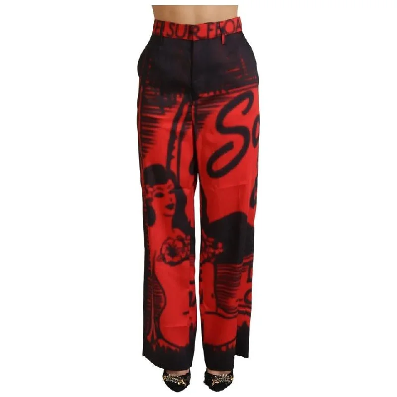 Dsquared² Red Printed High Waist Straight Pants Modern Bootcut Pants