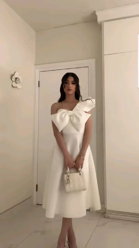 White One Shoulder A-Line Midi Length Formal Party Dress MD7434 A-Line Day Work