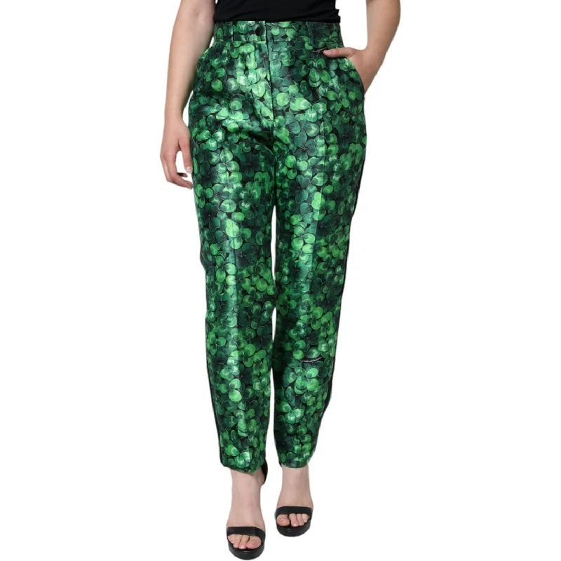 Dolce & Gabbana Green Clover Silk Satin High Waist Tapered Pants Chic Slim Fit Pants Dolce & Gabbana Green Clover Silk Satin High Waist Tapered Pants Chic Slim Fit Pants