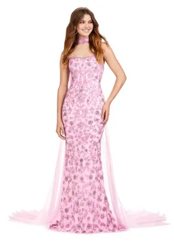 Ashley Lauren 11404 Long Prom Dress Strapless Fully Beaded Gown Choker Chiffon Cape Formal Pageant Boatneck Modish Everyday