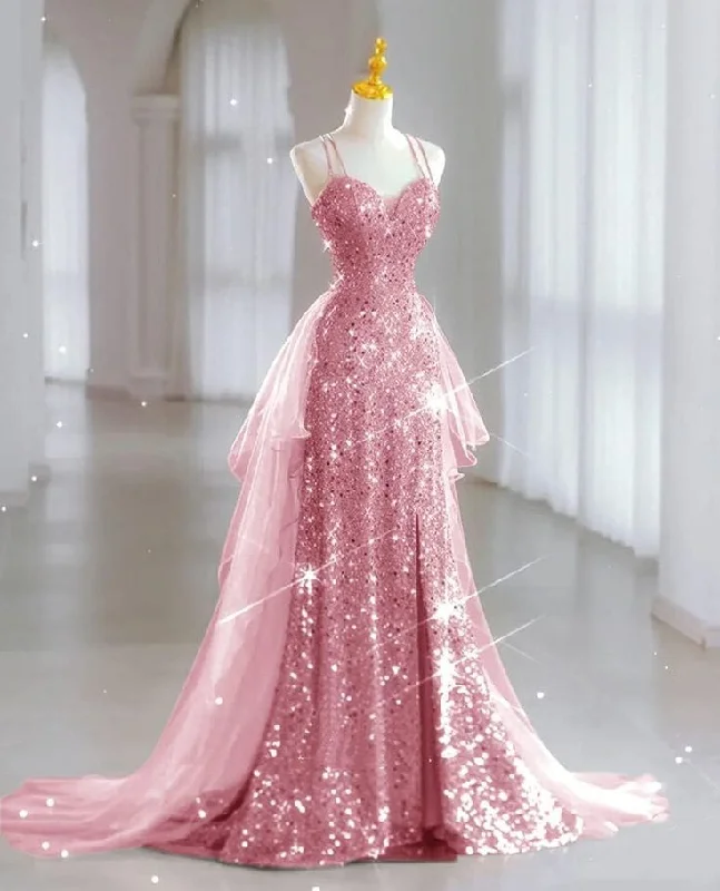 Shiny Pink Straps Sheath Sequins Long Party Dress Birthday Outfits, D258 Tunics Plaid country
