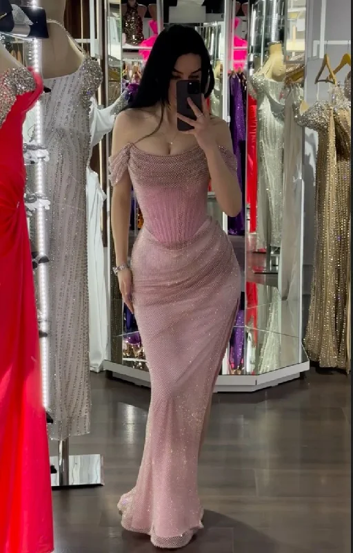 Stunning Off Shoulder Mermaid Pink Long Evening Party Dress Birthday Outfits MD7438 Tunics Brand named
