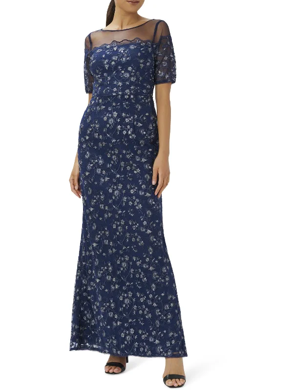 Womens Embroidered Illusion Evening Dress Tunics Satin smooth