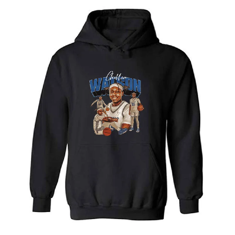 Buffalo - NCAA Women's Basketball : Chellia Watson - 90's Bootleg Style Team Player Collage Hooded Sweatshirt Hoodie with High-Low Hem Asymmetrical Trendy