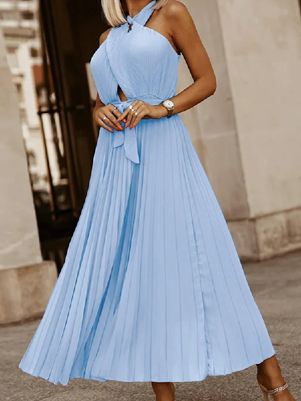 Solid Rib Pleated Long Party Dress Double Criss-cross Halter Hollow Tunics Party sparkling