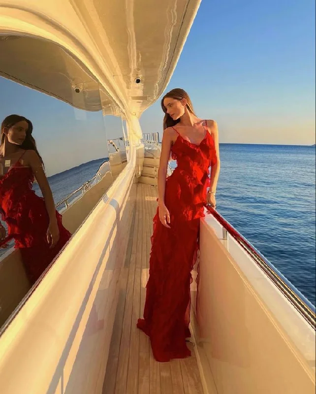 Red Spaghetti Straps Sheath Ruffles Long Evening Party Dress, D119 Tunics Seasonal trendy Red Spaghetti Straps Sheath Ruffles Long Evening Party Dress, D119 Tunics Seasonal trendy