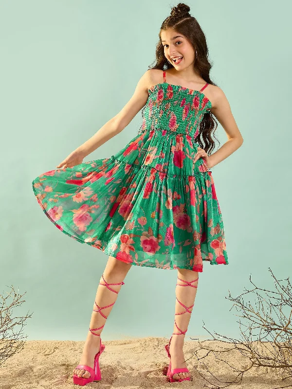 Girl's Green Polyester Printed Dress - Cherry & Jerry Tunics Wedding white