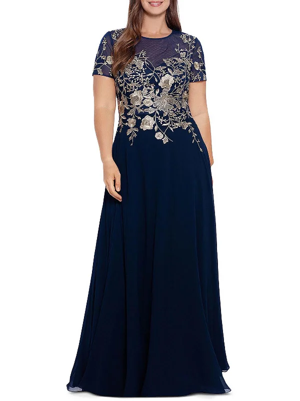 Plus Womens Mesh Embroidered Evening Dress Tunics Fleece cozy