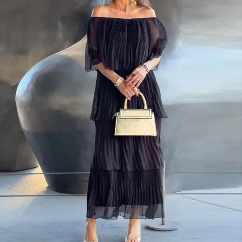 Bonnyshow Women Slash Neck Off Shoulder Pleated Long Dress Spring Elegant Solid Ruffle Party Dress Summer Butterfly Sleeve Boho Maxi Dress Tunics Velvet soft Bonnyshow Women Slash Neck Off Shoulder Pleated Long Dress Spring Elegant Solid Ruffle Party Dress Summer Butterfly Sleeve Boho Maxi Dress Tunics Velvet soft