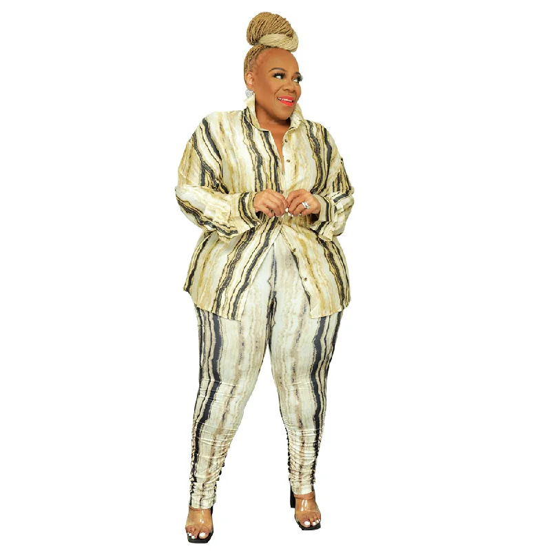 Plus Size Women Printed Satin Lapel Long Sleeve Button Top And Pants Casual Two-Piece Set Classic Flared Pants