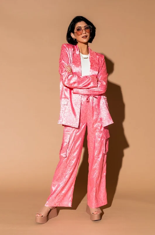Lucky Girl Jacquard Floral Blazer + Cargo Pants Set in Coral Pink Cozy Fitted Pants
