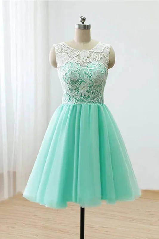 A-line Mint Green Tulle Lace Short Homecoming Dress Round Neck Party Dress Tunics Stylish modern