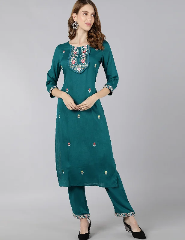 Turquoise Straight Kurta Pant Set Comfortable Fleece Pants