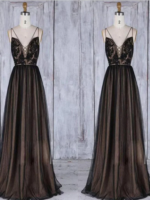 Chic Black Long Straps Tulle A Line Lace Long Dress,Prom Dress,Evening Party Dress,PDY0372 Tunics Distressed trendy Chic Black Long Straps Tulle A Line Lace Long Dress,Prom Dress,Evening Party Dress,PDY0372 Tunics Distressed trendy