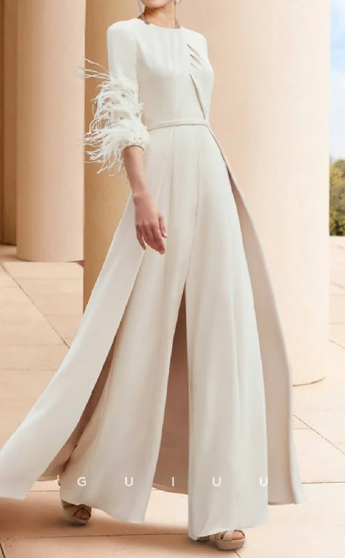 GM089 - Pantsuit Jewel Neck Half Sleeves Ankle Length Mother of the Bride Dress with Feather Elegant Dress Pants