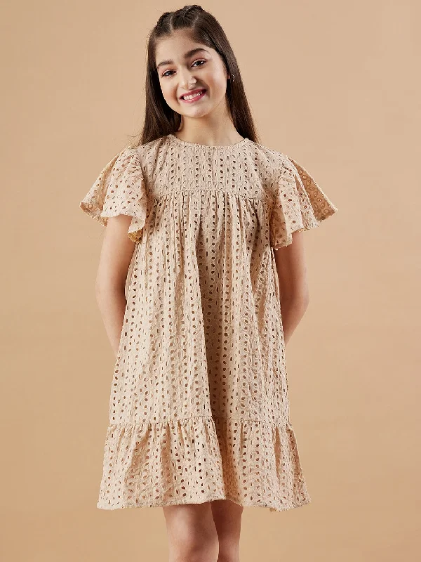 Girl's Beige Cotton Solid Dress - Cherry & Jerry Tunics Denim casual