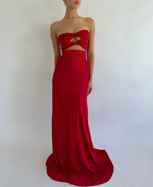 Simple Red Strapless Sheath Satin Long Prom Dress Evening Party Dress MD7592 Tunics Yoga stretchy
