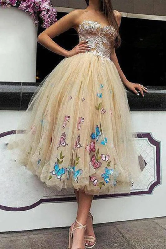 Ball Gown Champagne Short Homecoming Dress Strapless Butterfly Floral Party Dress Tunics Cozy comfortable