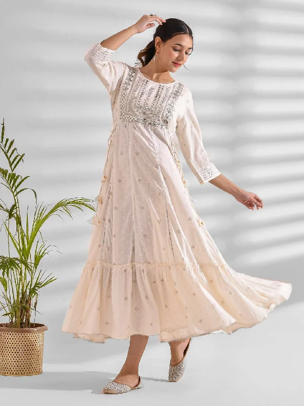Flared Embroidered Viscose Rayon Dress Off-the-shoulder Chic Trendy