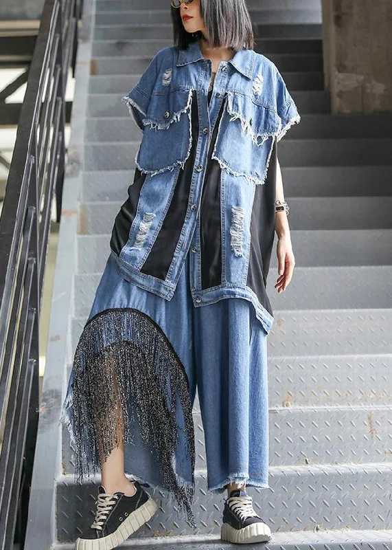 Sold Out- trendy large size thin western denim blue Vest wide leg pants two-piece suit Comfortable Wide-Leg Pants