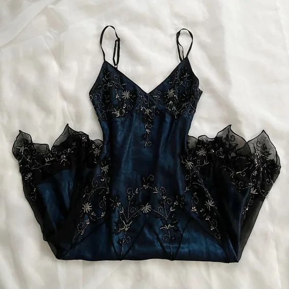 Vintage Navy Straps Beading Chiffon Long Party Dress, D210 Glittery Long Formal