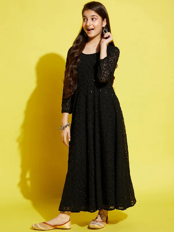 Girl's Black Georgette Embroidered Dress - Cherry & Jerry Tunics Exclusive limited
