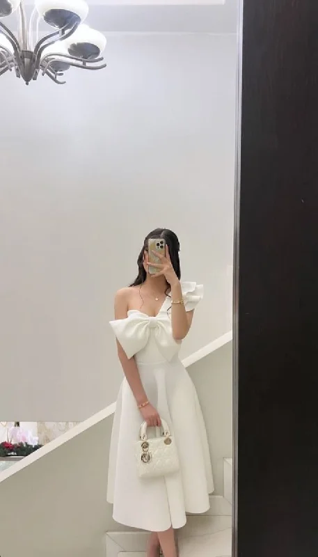 White One Shoulder A-Line Midi Length Party Dress Birthday Dress, D71 Shift Classic Vintage White One Shoulder A-Line Midi Length Party Dress Birthday Dress, D71 Shift Classic Vintage