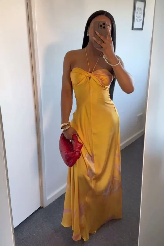 Yellow A-Line Halter Satin Long Party Dress Wedding Guest Dress, D187 Tunics Formal black Yellow A-Line Halter Satin Long Party Dress Wedding Guest Dress, D187 Tunics Formal black