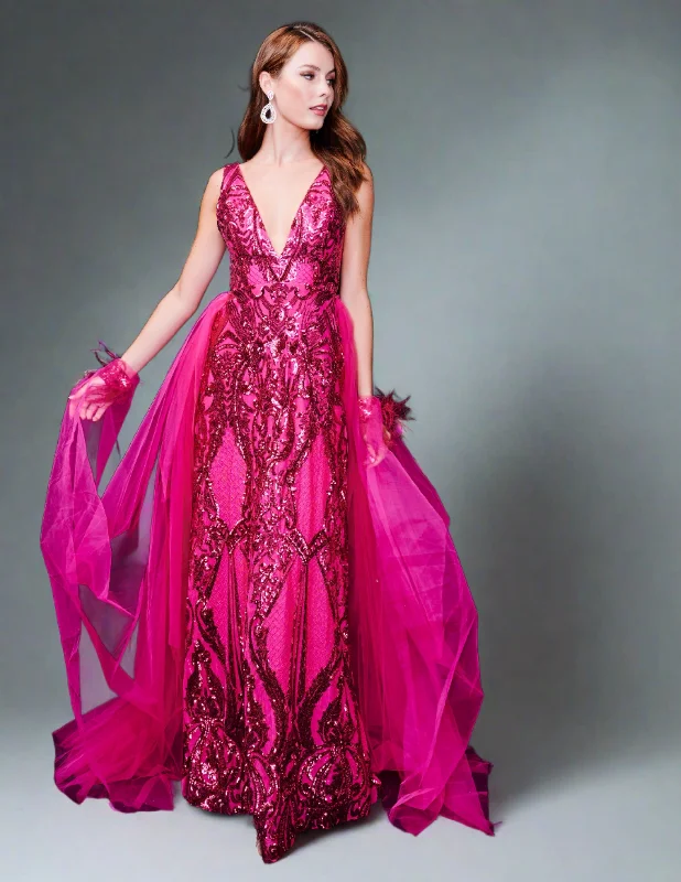 Nina Canacci 8224 Size 0 Magenta Sequin Pageant Dress Feather Cuff Overskirt Cape Gown Fitted V Neck Tunics Winter warm