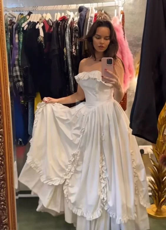 White Strapless A-Line Ruffles Long Party Dress Birthday Outfits, MD7917 Crew Neckline Casual White Strapless A-Line Ruffles Long Party Dress Birthday Outfits, MD7917 Crew Neckline Casual