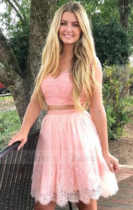 Lace Prom Dresses, Sexy Party Dress, Two Piece Appliques Prom Dress, Short Homecoming Dress Tunics Sophisticated sleek