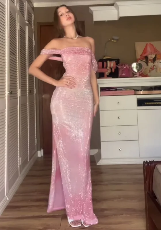 Shiny Pink Off Shoulder Sheath Long Party Dress Evening Prom Dress, D359 Tunics Short Trendy