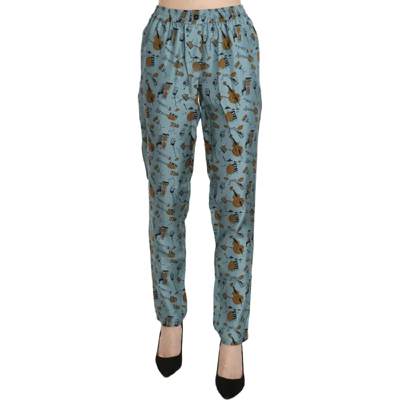 Dolce & Gabbana High Waist Tapered Silk Pants in Blue Print Stylish Elastic Waist Pants Dolce & Gabbana High Waist Tapered Silk Pants in Blue Print Stylish Elastic Waist Pants