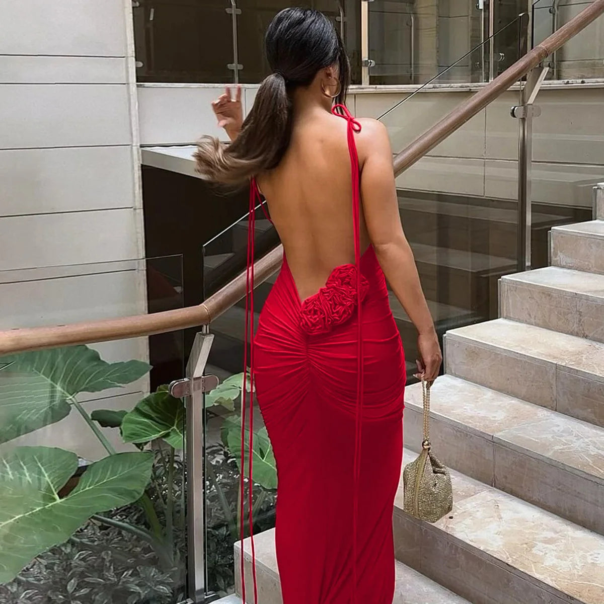 Bonnyshow Sexy Lace Up Floral-applique Backless Maxi Long Dresses Elegant Summer Black Red Party Dress Women 2024 Tunics Brand named Bonnyshow Sexy Lace Up Floral-applique Backless Maxi Long Dresses Elegant Summer Black Red Party Dress Women 2024 Tunics Brand named