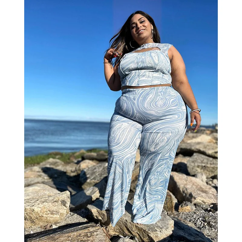 Fashion Plus Size Women Printed Hollow Sleeveless Top And Loose Wide Leg Pants Two-Piece Set Relaxed Lounge Trousers