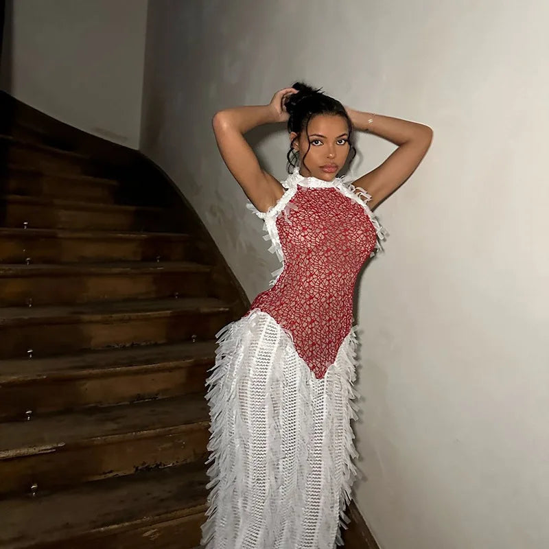 Bonnyshow Summer Women's Personalized Sleeveless Splicing Backless Tassel See-through Long Skirt Dress Elegant Party Dress Club Outfi Tunics Sale discount Bonnyshow Summer Women's Personalized Sleeveless Splicing Backless Tassel See-through Long Skirt Dress Elegant Party Dress Club Outfi Tunics Sale discount