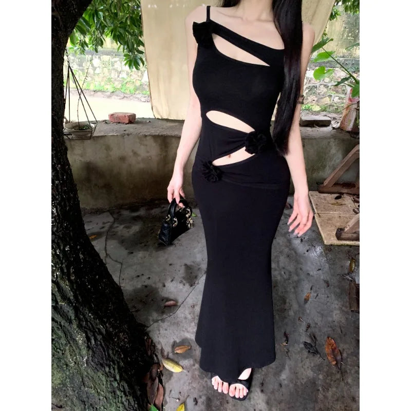 Bonnyshow Vintage Hollow Sexy Slim Elegant Party Dresses Women 2024 Summer New Korean 3d Flower Splicing Pleated Casual Sling Dress Tunics Stylish elegant Bonnyshow Vintage Hollow Sexy Slim Elegant Party Dresses Women 2024 Summer New Korean 3d Flower Splicing Pleated Casual Sling Dress Tunics Stylish elegant