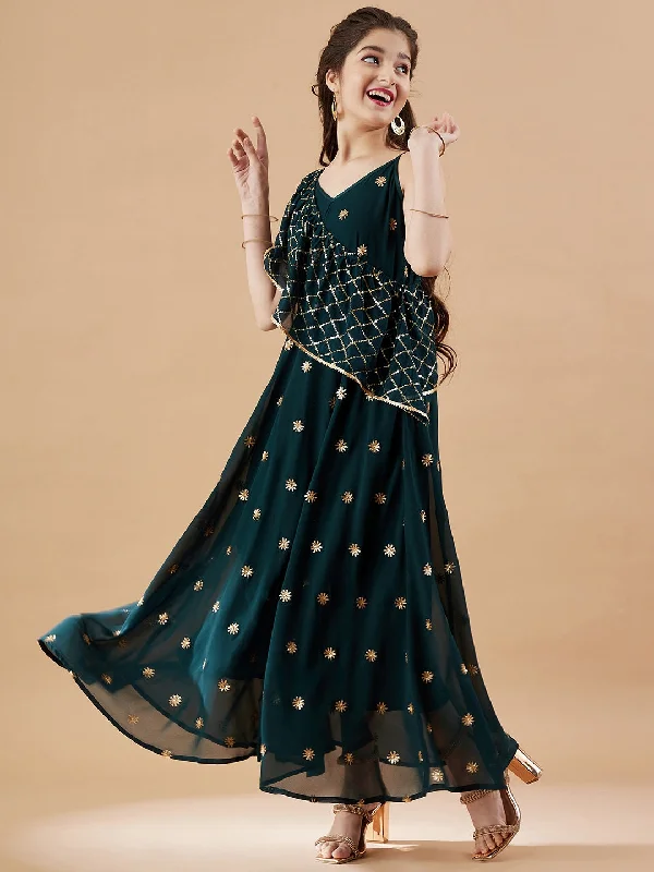 Girl's Teal Georgette Embellished Dress - Cherry & Jerry Tunics Wedding white