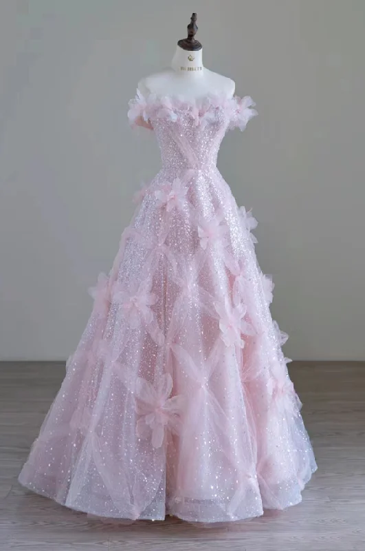Shiny Pink Off Shoulder A-Line Floral Long Formal Party Dress MD7454 Tunics Long Elegant