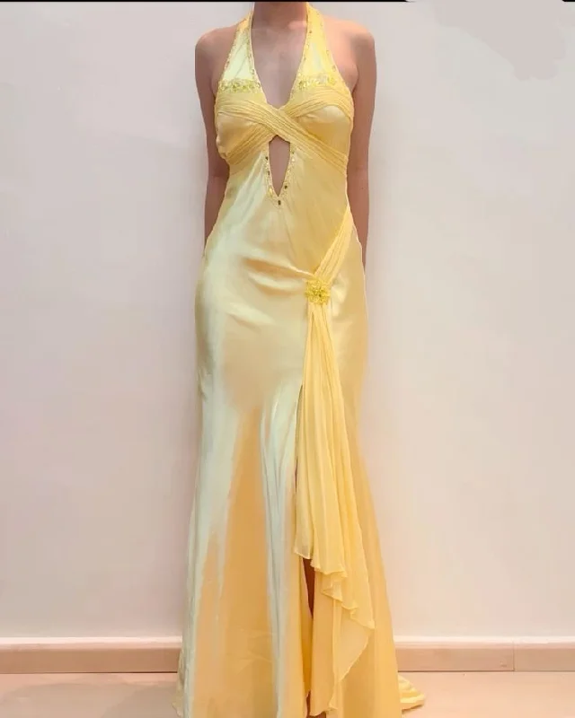 Yellow Halter Sheath Beading Satin Long Party Dress Wedding Guest Dress, D375 Tunics Occasion special Yellow Halter Sheath Beading Satin Long Party Dress Wedding Guest Dress, D375 Tunics Occasion special