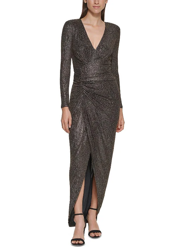 Petites Womens Metallic V-Neck Evening Dress Tunics Sophisticated sleek