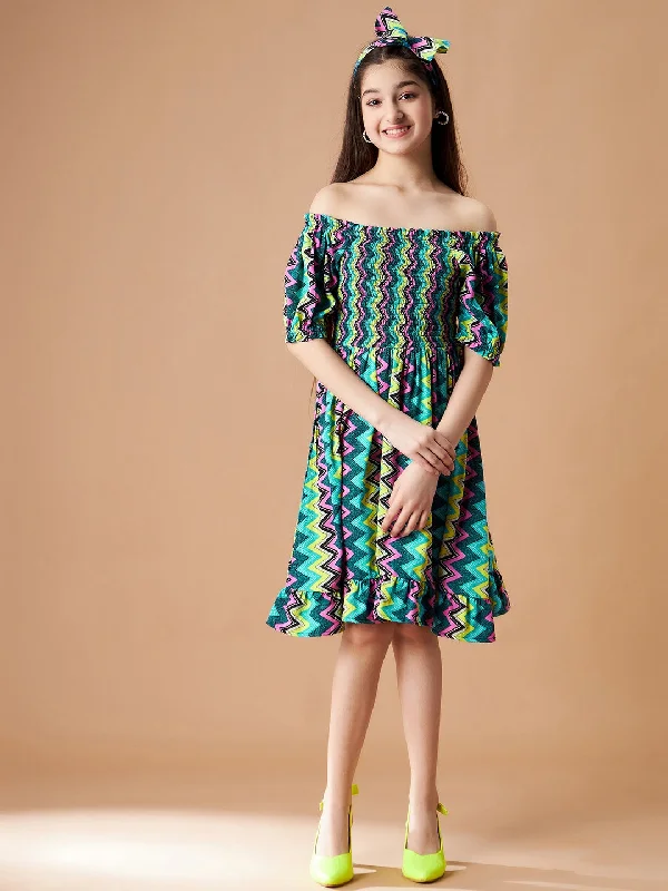 Girl's Multi Polyester Printed Dress - Cherry & Jerry Boatneck Modish Everyday