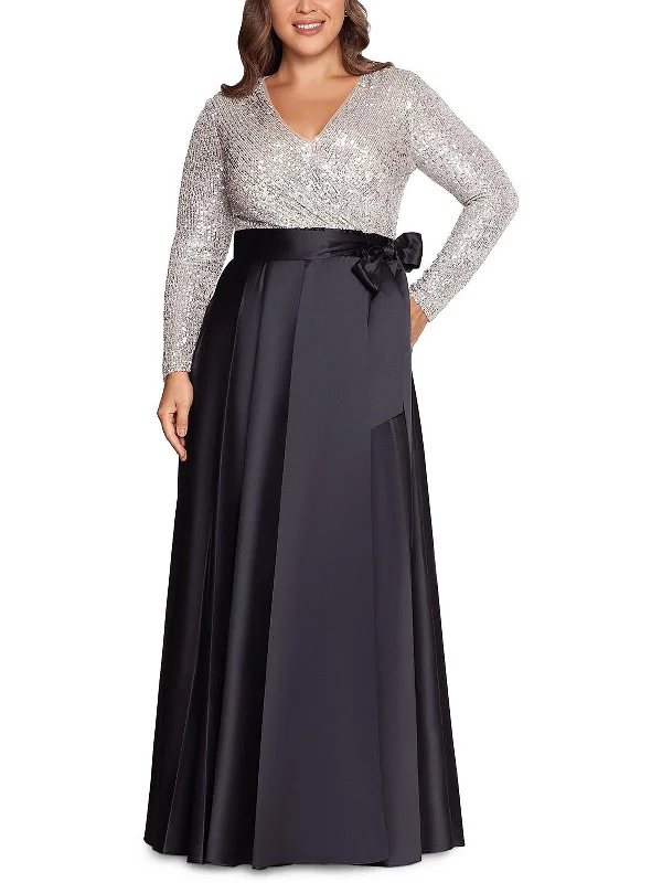 Plus Womens Sequined Faux Wrap Evening Dress Tunics Luxurious premium