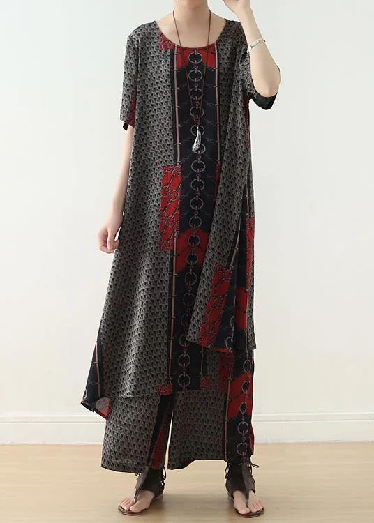 New Casual Red Prints Silk Two Pieces Short Sleeve Tops With Wide Leg Pants Elegant Silk Pants New Casual Red Prints Silk Two Pieces Short Sleeve Tops With Wide Leg Pants Elegant Silk Pants