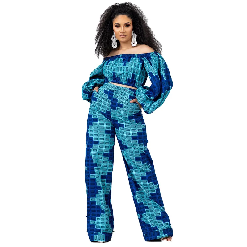 Plus Size Women Printed Boat Neck Long Sleeve Top And High Waisted Loose Pants Casual Two-Piece Set Comfortable Wide-Leg Pants