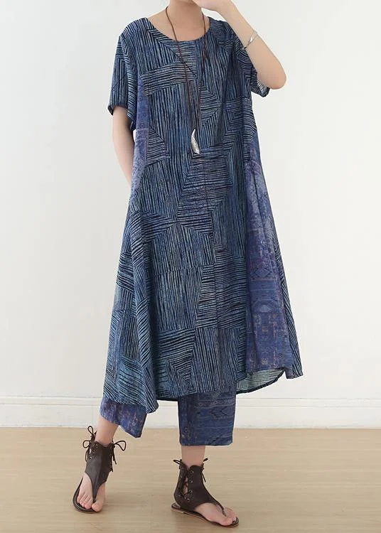 French two pieces linen clothes Shape blue asymmetric striped straight pants summer Modern Bootcut Pants