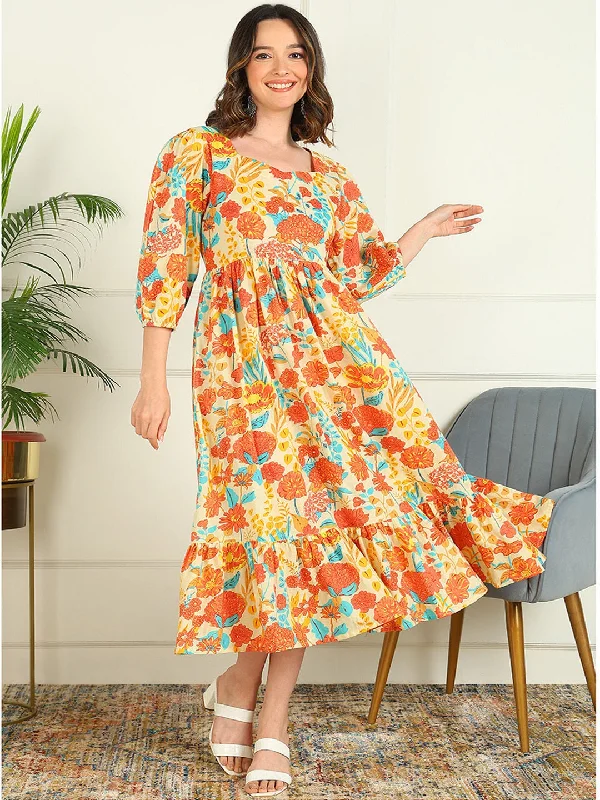 Flared Printed Pure Cotton Dress A-Line Day Work