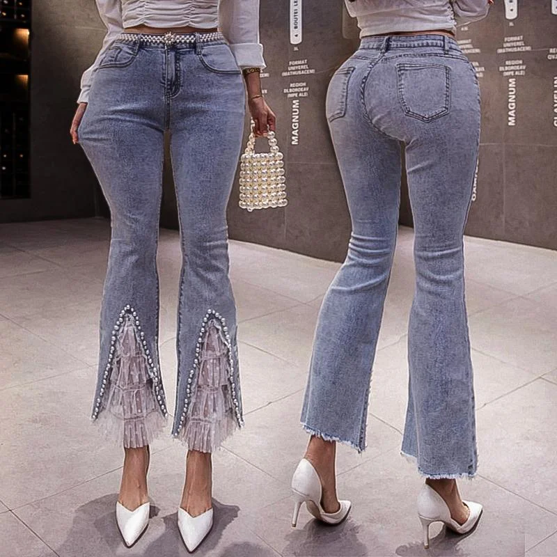 Pearl lace flared pants Trendy Printed Pants