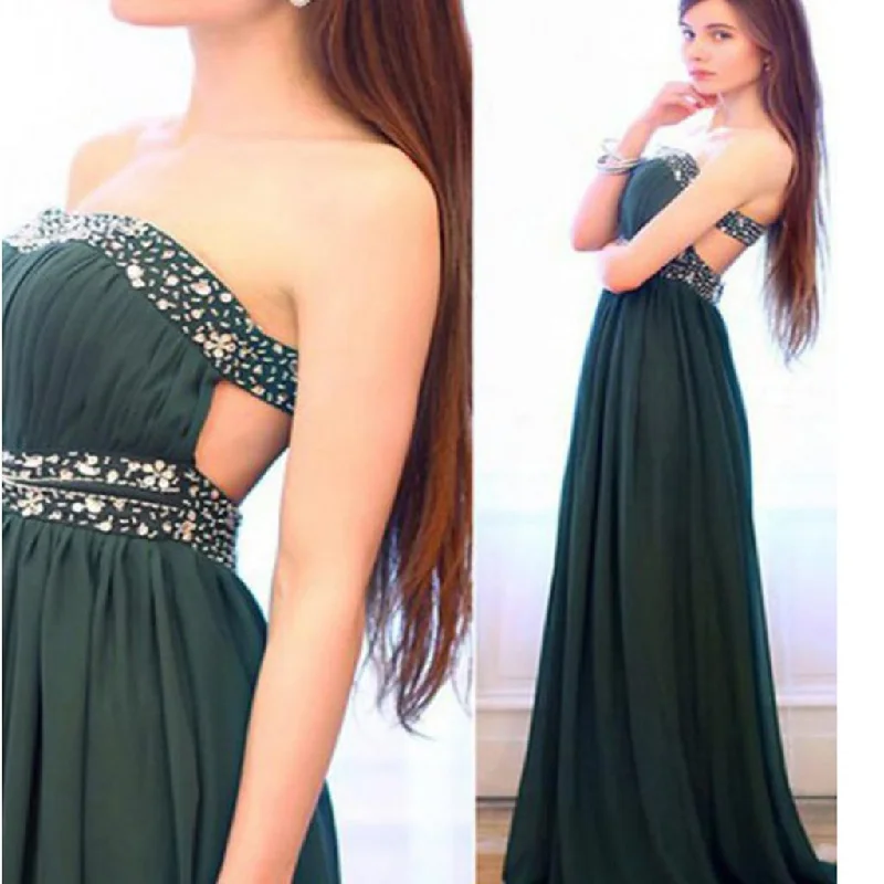 Strapless Dark Green Long  Strapless Floor-length Chiffon Prom Dress With Beads,Evening Party Dress,PDY0273 Pleated Skirt Elegant