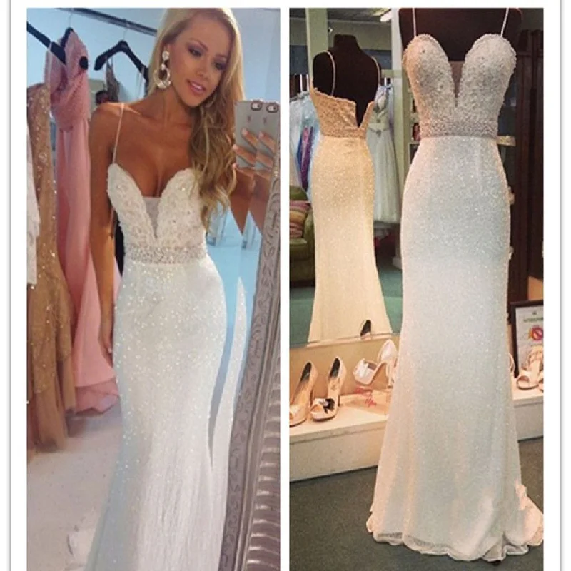 Long White Beaded Spaghetti Straps Mermaid Sexy For Teens Evening Party Dresses. PDY0181 Tunics Versatile functional